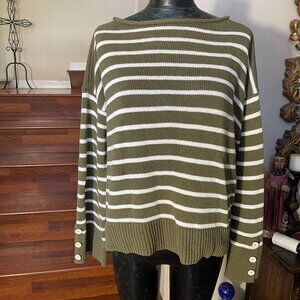Talbots L Striped Olive Green White Sweater Long Slv Cotton Boxy Knit Crewneck